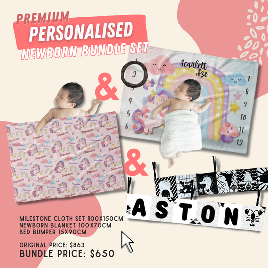 【Premium New Born Bundle】Name blanket + Milestone cloth + B&W bed bumper