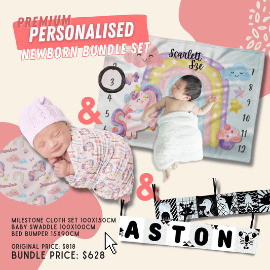 【Premium New Born Bundle】Name knit swaddle + Milestone cloth + B&W bed bumper